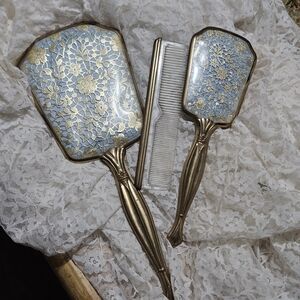 Vintage Vanity Gold & Blue Lace Dresser Set Hand Mirror Brush Comb  3 Pcs